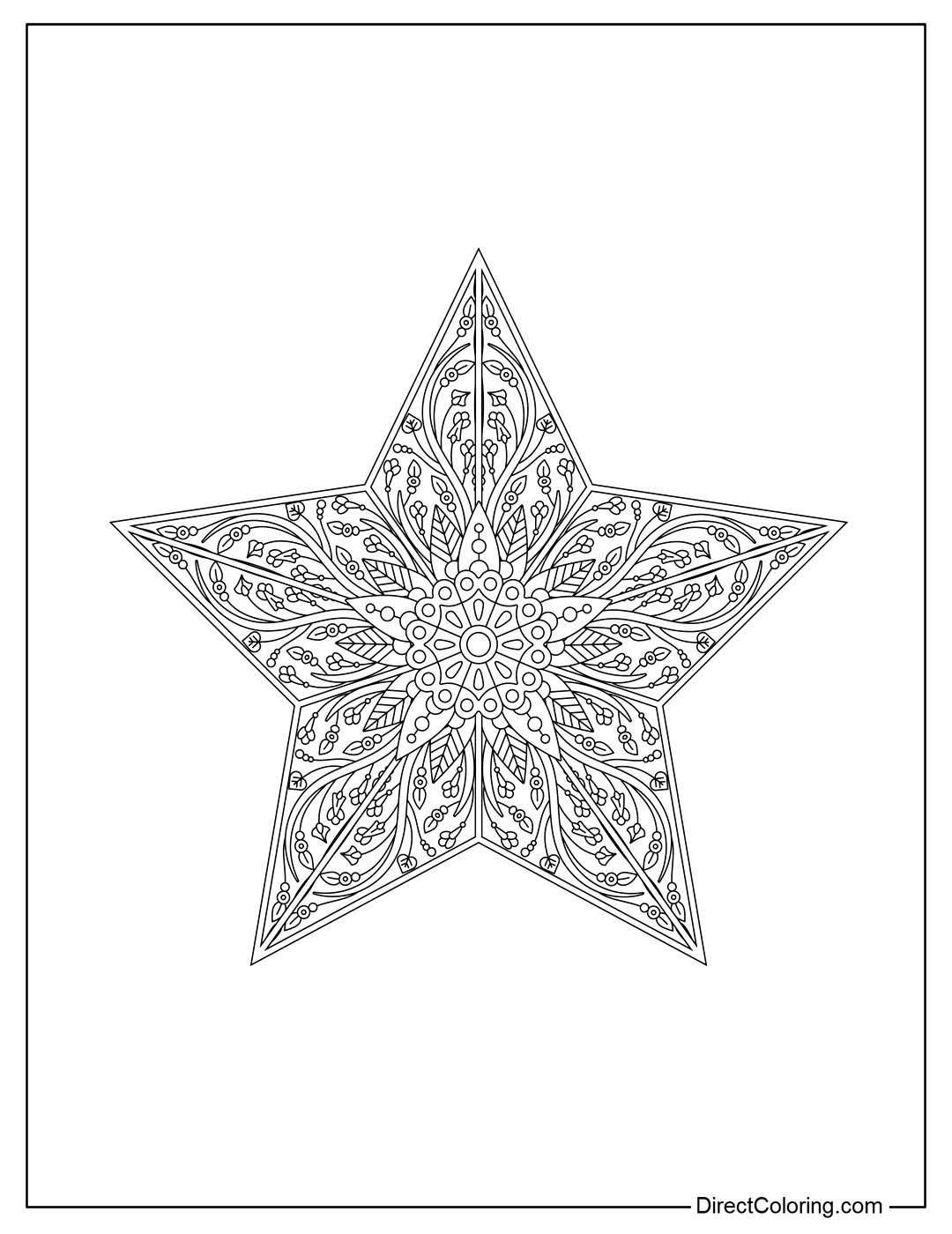 A five-pointed star coloring page designed with detailed mandala patterns.
